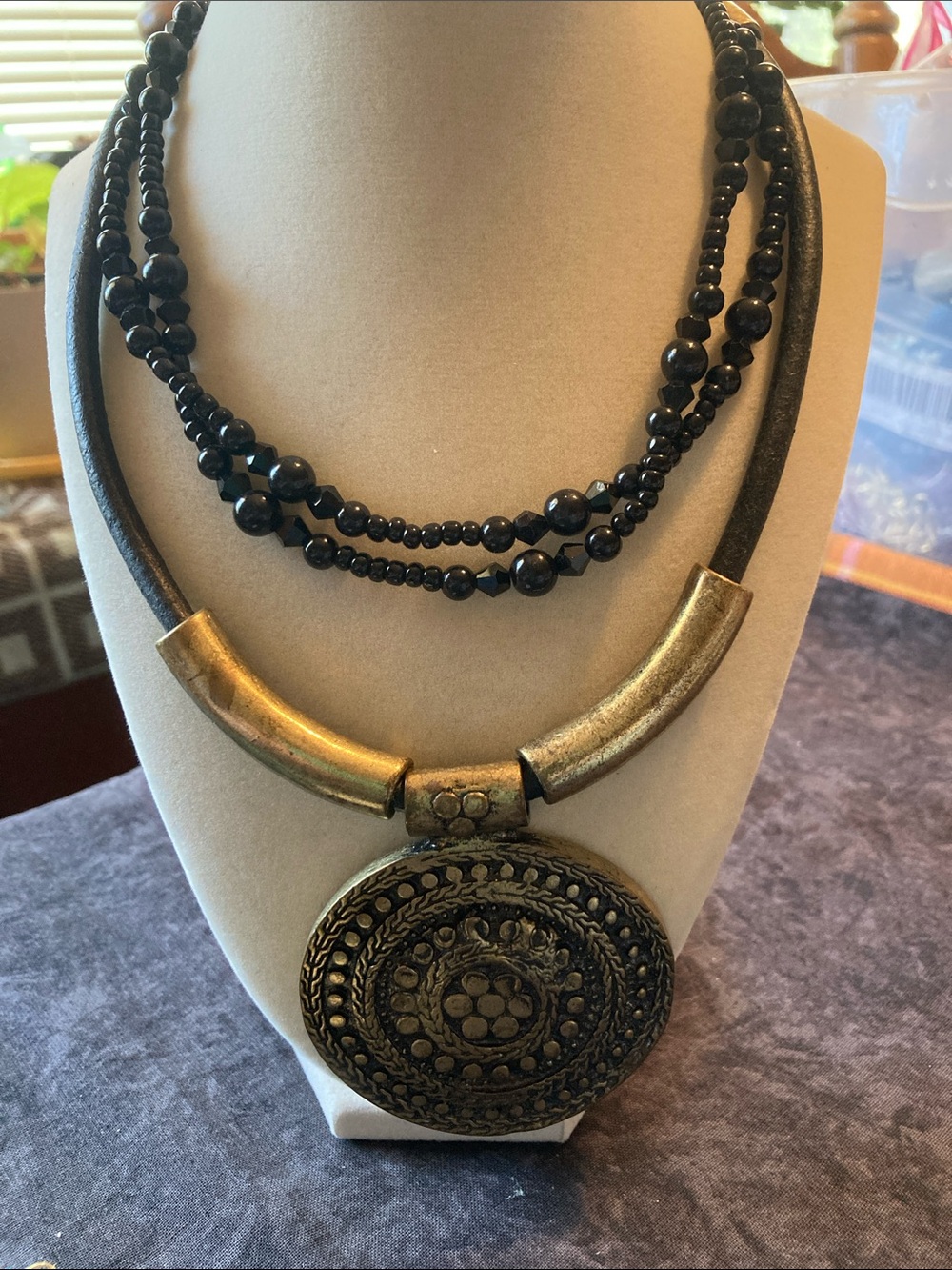 Boho Statement Disc Pendant Necklace & Black Beaded Necklace (2pc)